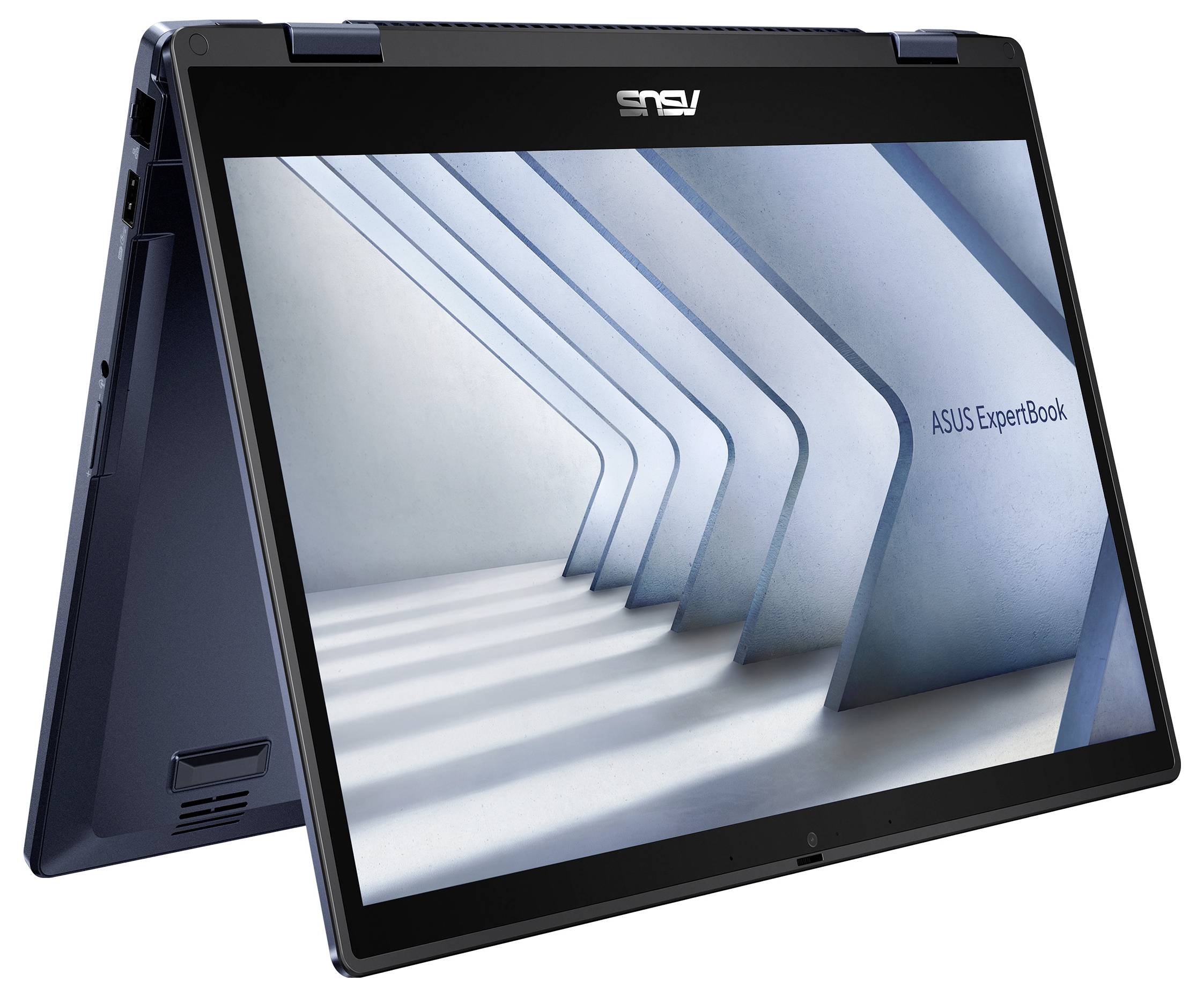Ein Convertible-Laptop im Zeltmodus, der ein minimalistisches geometrisches Muster auf dem Bildschirm zeigt, mit der Beschriftung "ASUS ExpertBook".