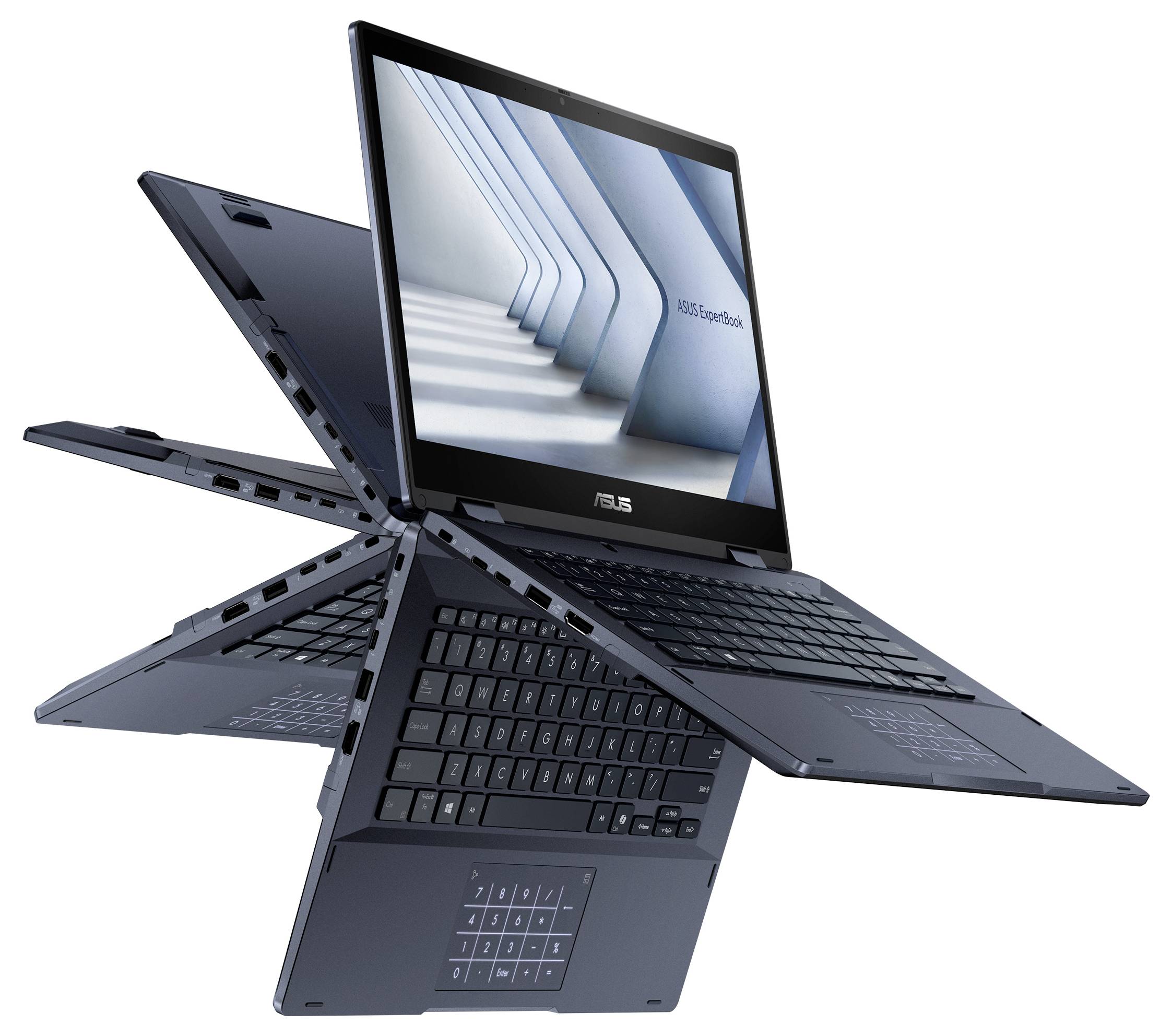 Ein schwarzer ASUS-Laptop, der in verschiedenen Faltpositionen gezeigt wird und die 360-Grad-Scharnierfunktion sowie die Touchscreen-Fähigkeit hervorhebt.