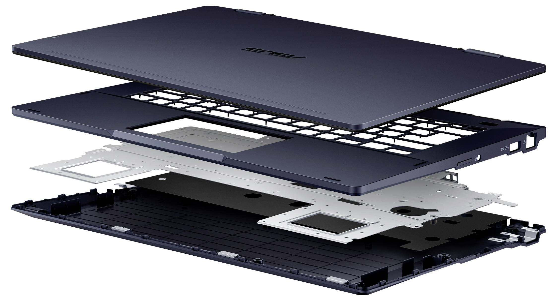 Explosionszeichnung eines Laptops mit Komponenten wie Oberdeckel, Tastatur, innere Stützschicht und Bodengehäuse.