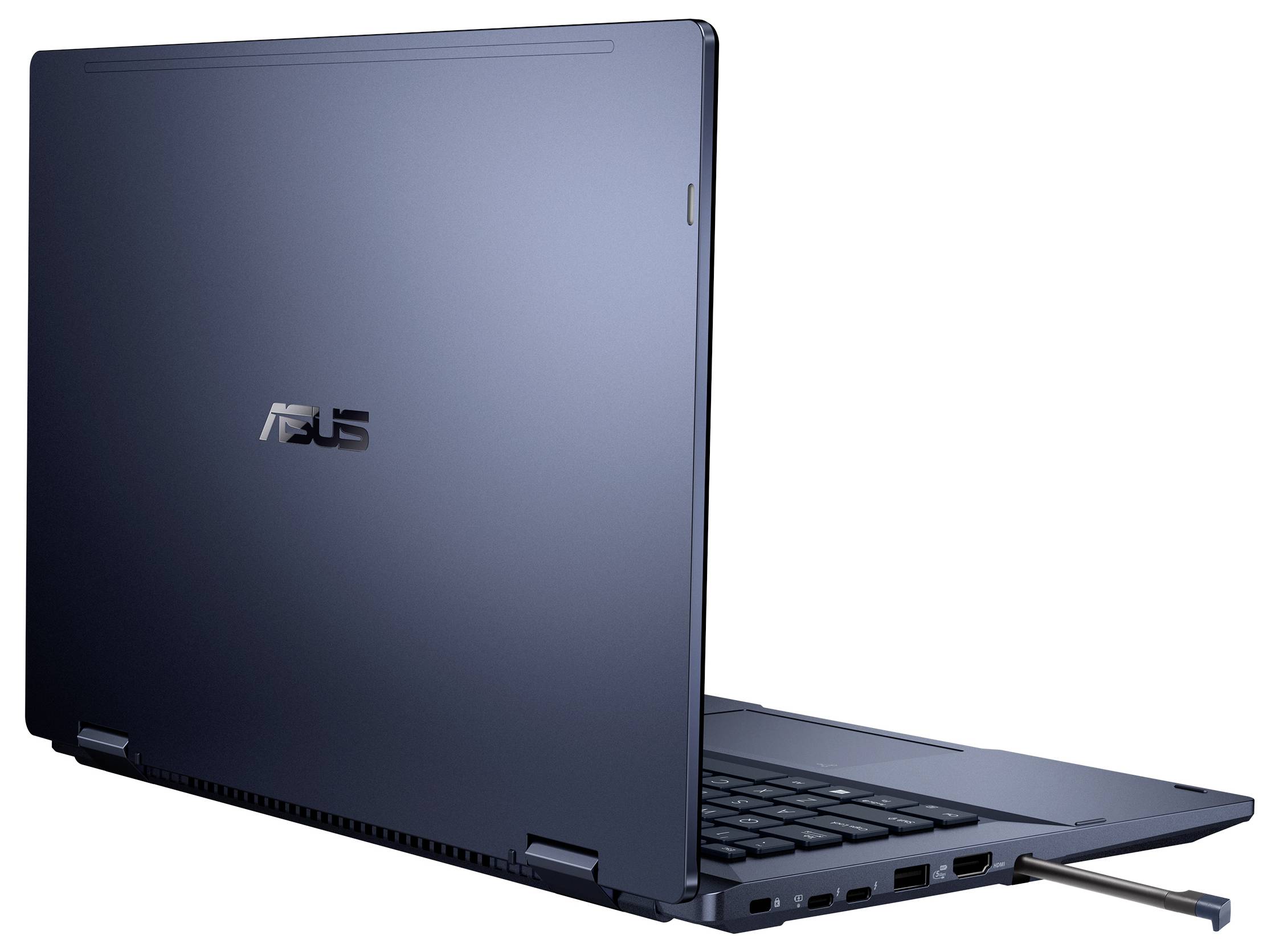 Ein schlanker schwarzer Laptop mit dem ASUS-Logo auf dem Deckel, versehen mit einem ausfahrbaren Stift-Stylus daneben.