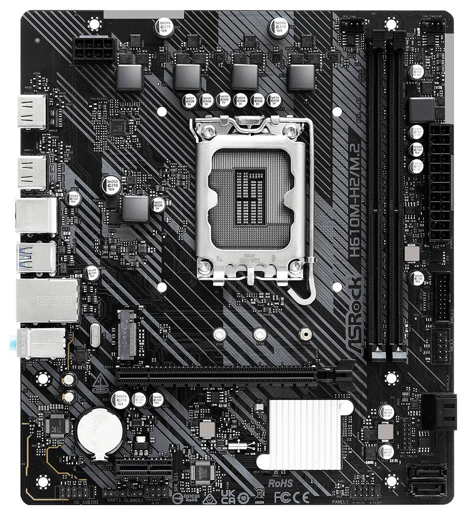 ASRock H610M-HDV/M.2 Mainboard mit LGA 1700 Sockel, mehreren USB-Anschlüssen, RAM-Steckplätzen und einem PCIe-Steckplatz für den Computeraufbau.