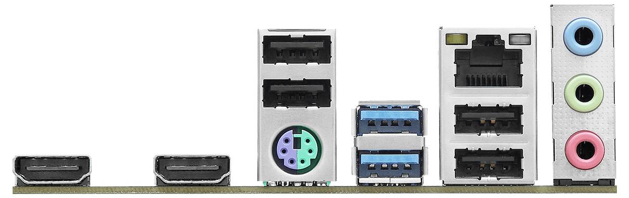 Eine Reihe von Computeranschlüssen auf einer Hauptplatine umfasst HDMI, USB, Ethernet und Audioanschlüsse.