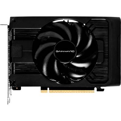 Eine schwarze Gainward Grafikkarte mit einem großen zentralen Lüfter und PCIe-Anschluss, für den Computereinsatz konzipiert, von vorne betrachtet.