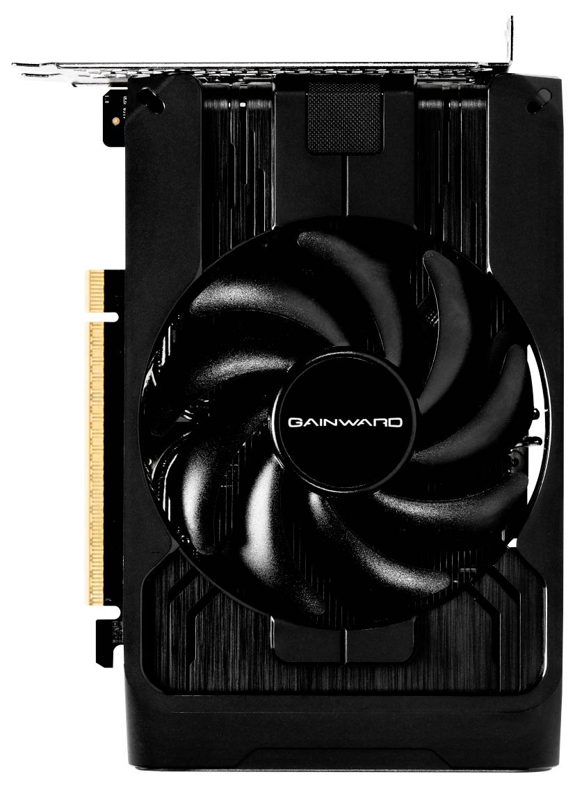 Eine schwarze Gainward Grafikkarte mit einem großen zentralen Lüfter und einem sichtbaren PCIe-Anschluss an der Seite.