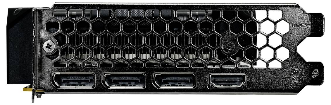 Rückseite einer Grafikkarte mit vier horizontal angeordneten Videoausgangsports unterhalb eines Wabenbelüftungsmusters.