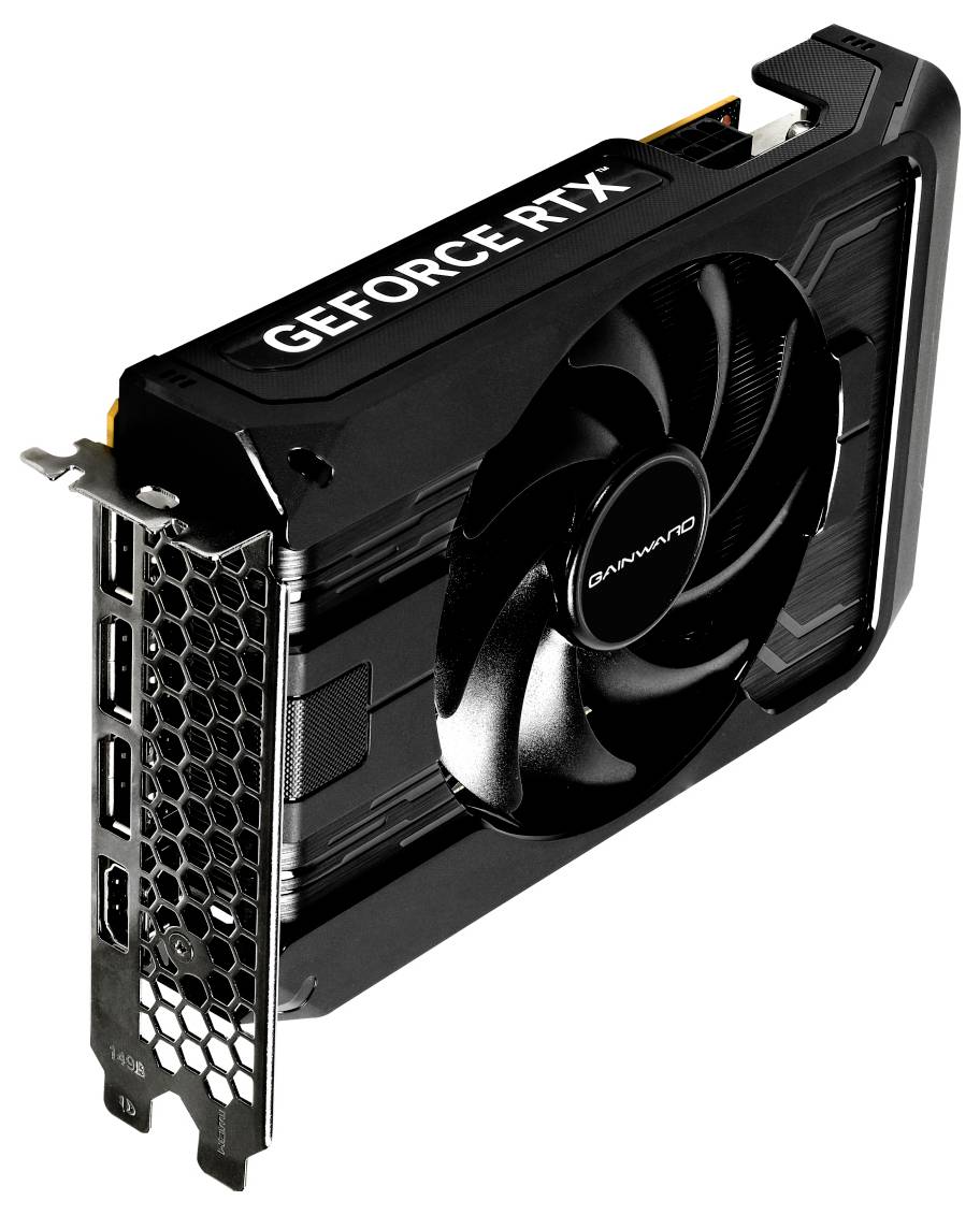 Eine schwarze Grafikkarte mit der Aufschrift "GEFORCE RTX", ausgestattet mit einem großen Kühlventilator und mehreren Videoausgangsanschlüssen.