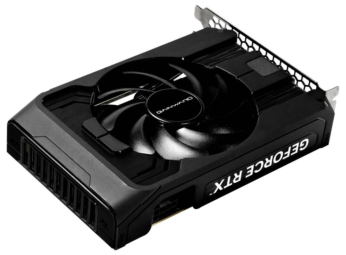 Eine schwarze GeForce RTX Grafikkarte mit einem großen Lüfter und der Markenbezeichnung deutlich sichtbar.