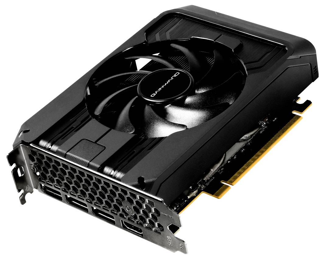 Eine schwarze Grafikkarte mit einem großen Lüfter, mehreren Anschlüssen und einem Wabengitterdesign auf dem Rückpanel.