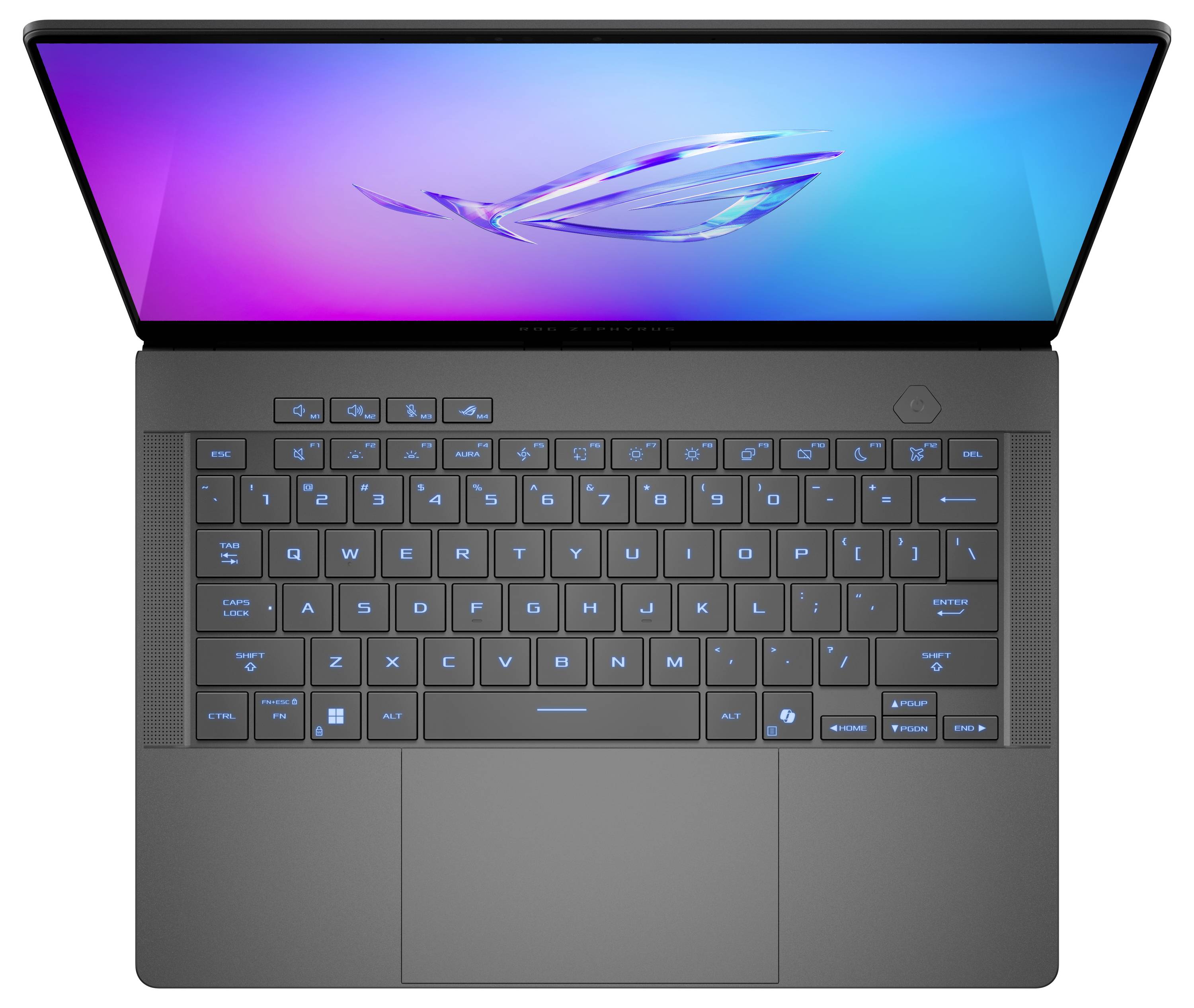 Ein schlanker, offener Laptop mit einer hell leuchtenden blauen Tastatur und einem klaren Bildschirm, auf dem ein stilisiertes Logo zu sehen ist, aus der Draufsicht betrachtet.