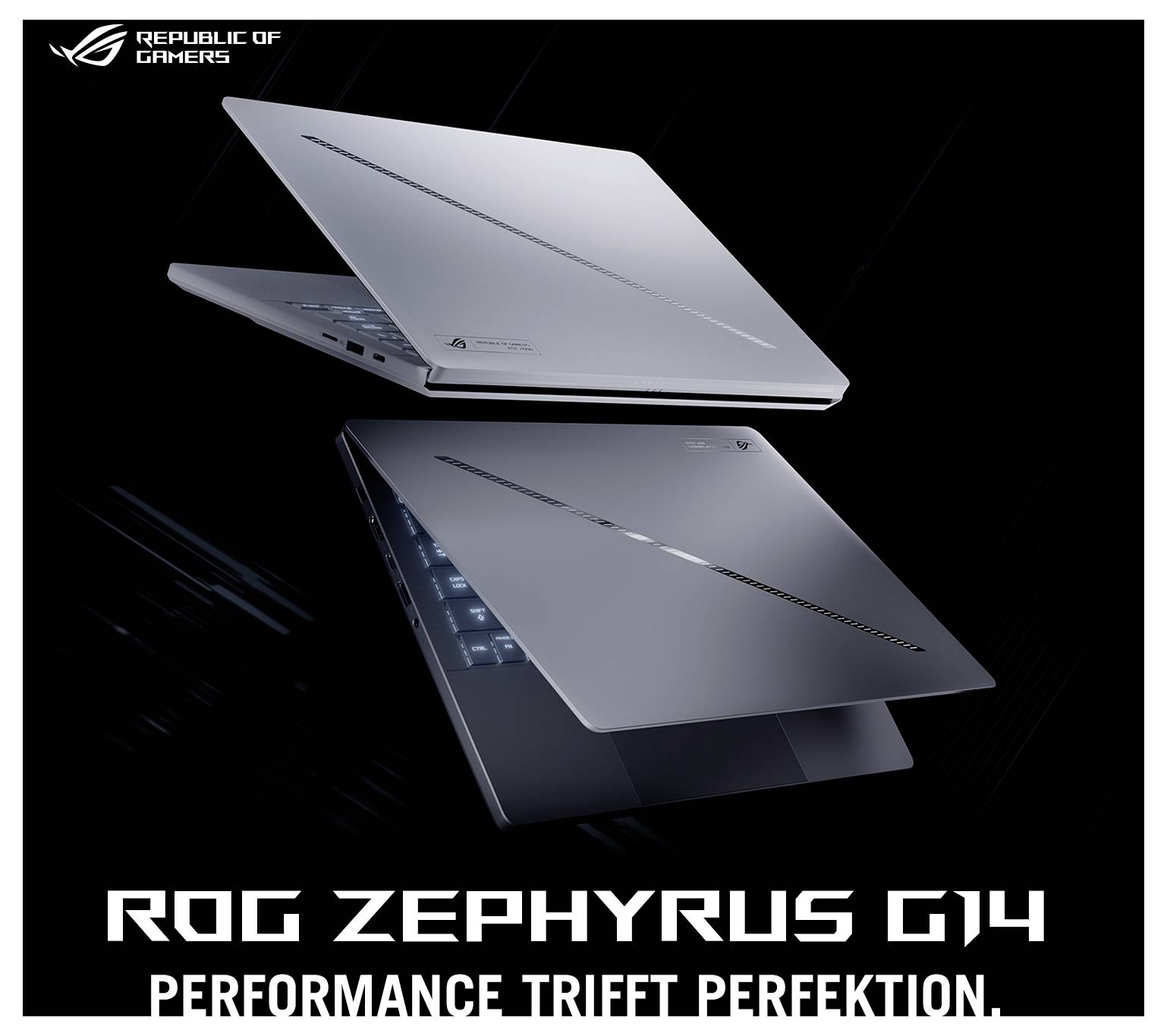 ROG Zephyrus G14 Laptops in zwei Perspektiven vor einem dunklen Hintergrund mit dem Slogan 'Performance trifft Perfektion.'