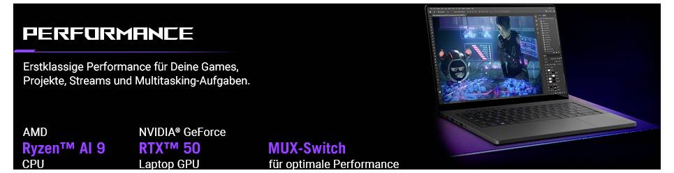 Das Bild zeigt einen Laptop mit einer Grafikdesign-Software auf dem Bildschirm, beschriftet mit 'Performance'. Der Text hebt den 'AMD Ryzen A9 CPU' und die 'NVIDIA GeForce RTX 50 Laptop GPU' mit 'MUX-Switch' hervor.