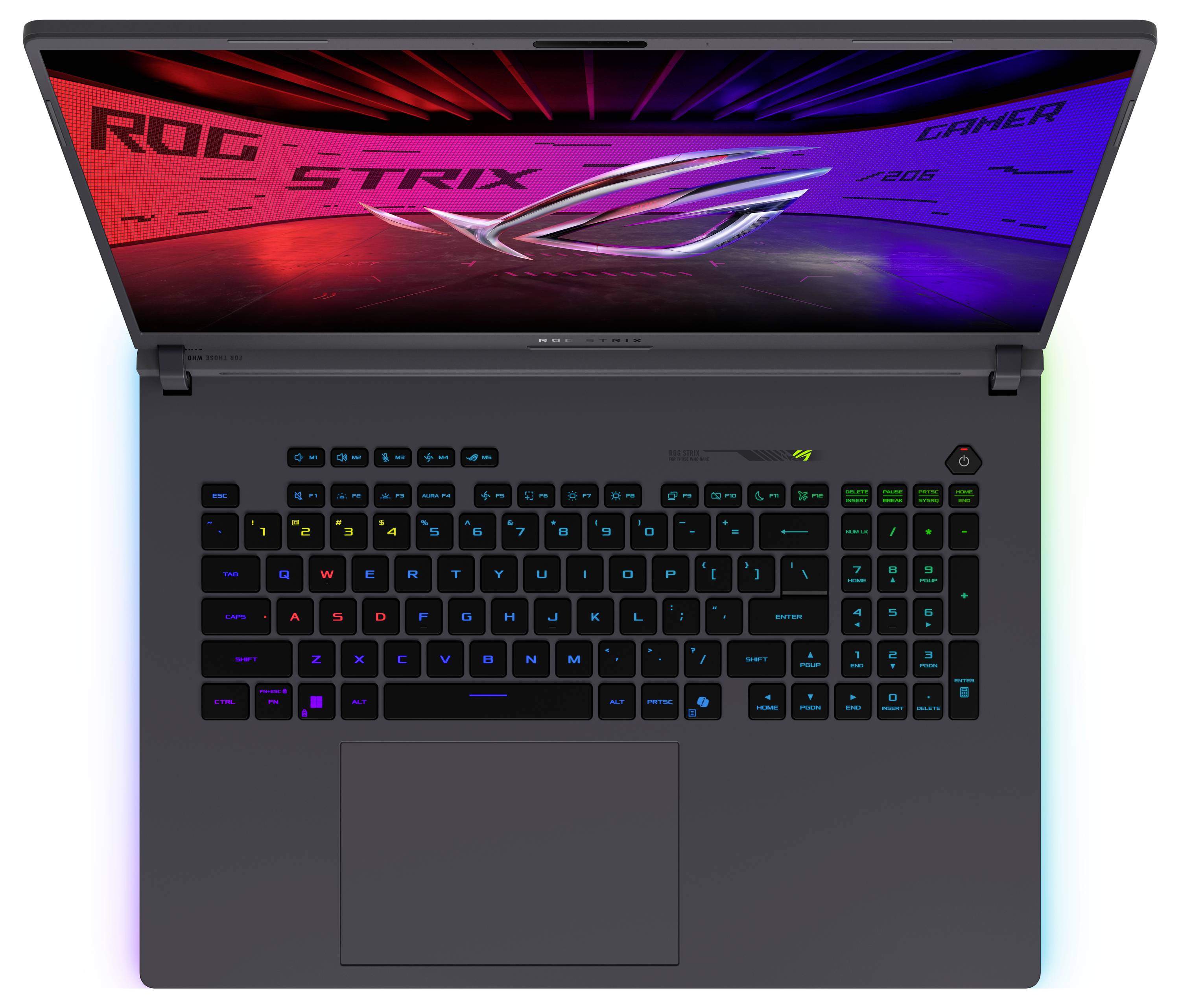 Ein Gaming-Laptop mit einer Tastatur mit RGB-Hintergrundbeleuchtung und einem Display, das das Logo "ROG Strix GAMER" in einem futuristischen Design zeigt.