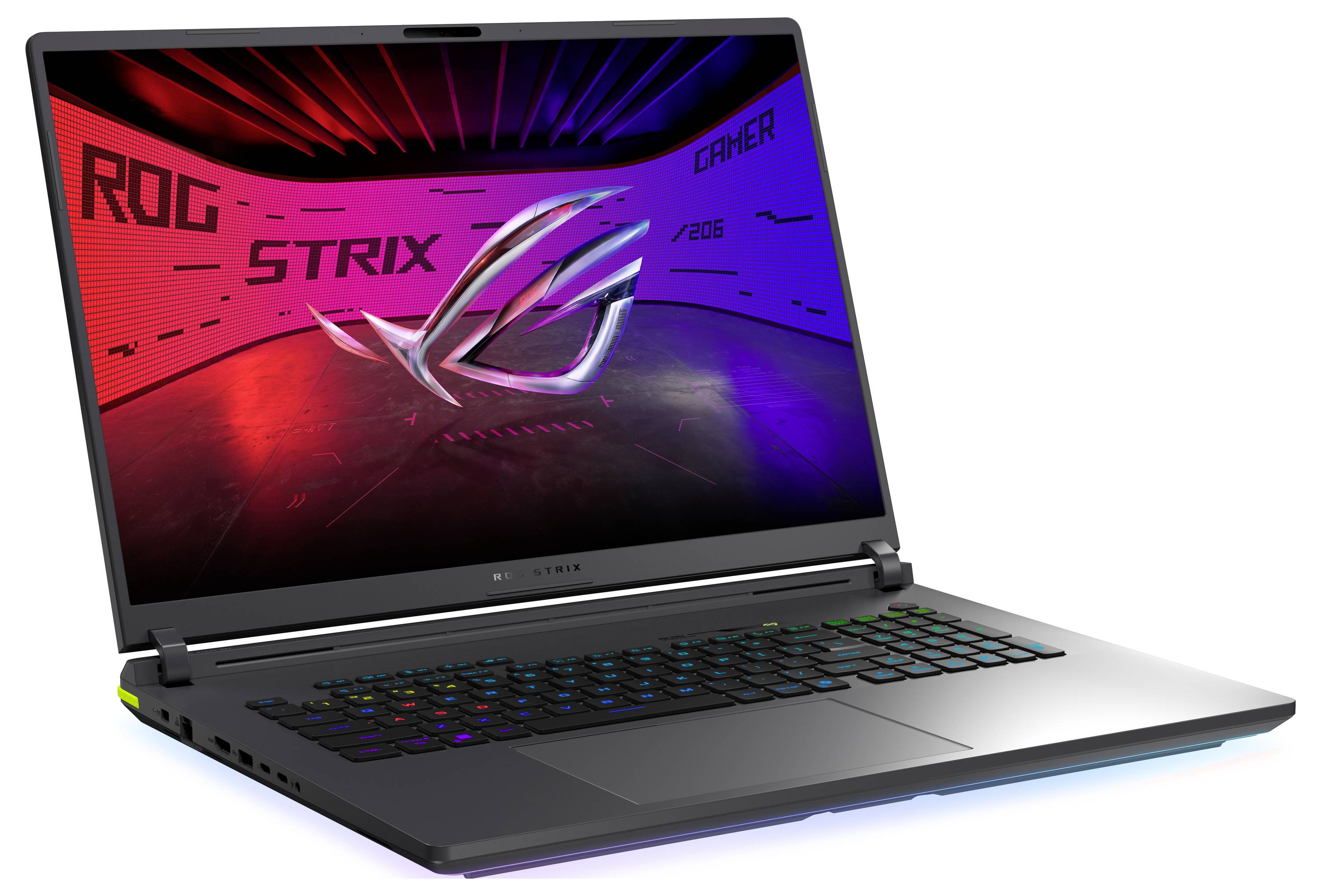 Ein offener schwarzer Gaming-Laptop, der das 'ROG STRIX' Logo auf dem Bildschirm zeigt, vor einem rot-blauen Verlaufshintergrund.