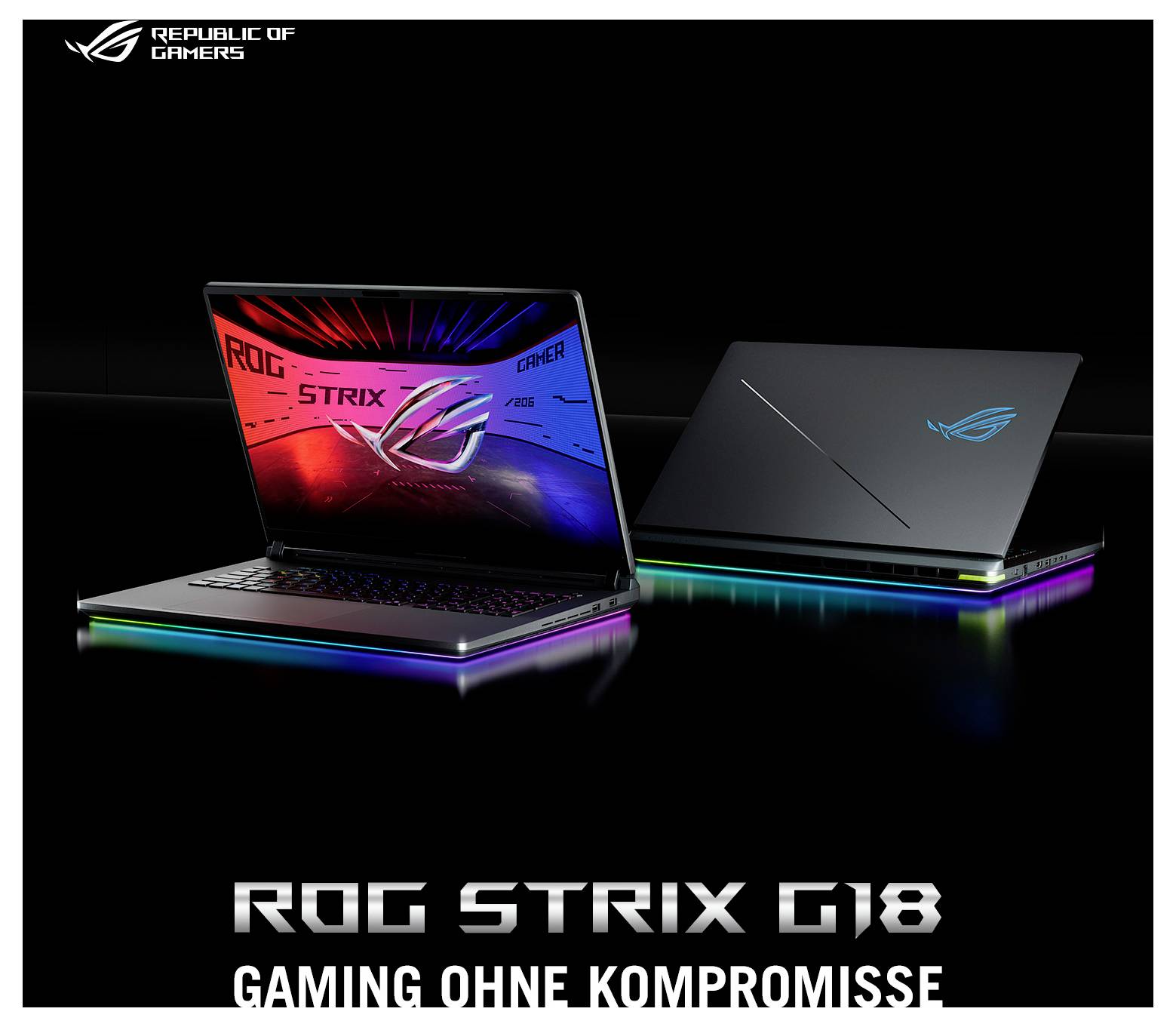Zwei Laptops auf Display: einer geöffnet mit einem farbenfrohen ROG Strix Bildschirm und einer geschlossen mit dem ROG Logo. Text lautet 'ROG Strix G18 Gaming ohne Kompromisse'.