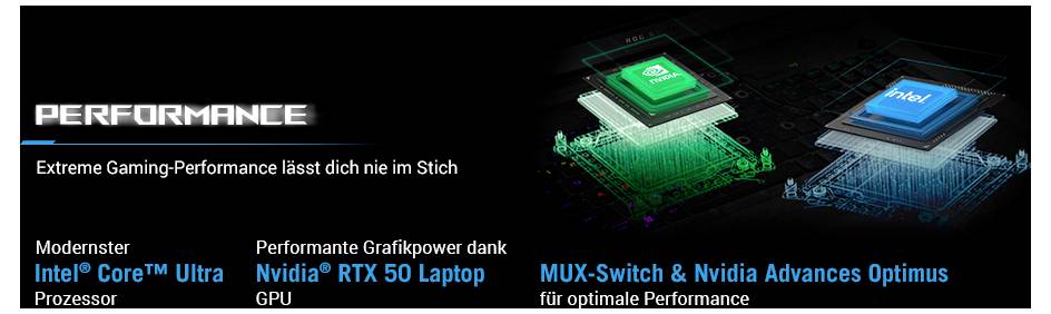 Das Bild vergleicht zwei Computer-Chips und hebt Merkmale wie den "Intel Core Ultra Prozessor", die "Nvidia RTX 50 Laptop GPU" und den MUX-Switch in Bezug auf Leistung hervor.