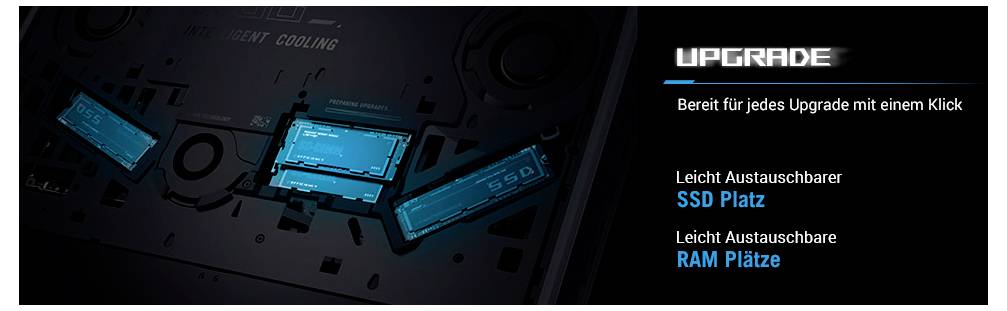 'UPGRADE' mit Texthervorhebung von leicht austauschbaren 'SSD-Plätzen' und 'RAM-Plätzen' neben einem Bild der internen Komponenten eines Computers.