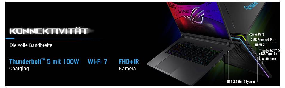 Laptop-Konnektivitätsmerkmale angezeigt: Thunderbolt™ 5 mit 100W Ladung, Wi-Fi 7, FHD+IR-Kamera, USB-C, HDMI 2.1, Ethernet, Audioausgang.