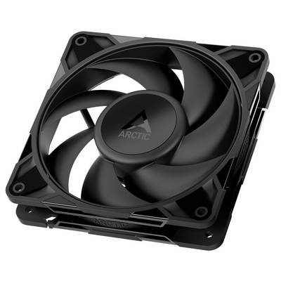Ein schwarzer arktischer Computerkühllüfter mit geschwungenen Klingen, entwickelt für optimale Luftzirkulation in PC-Gehäusen oder Kühlkörpern.