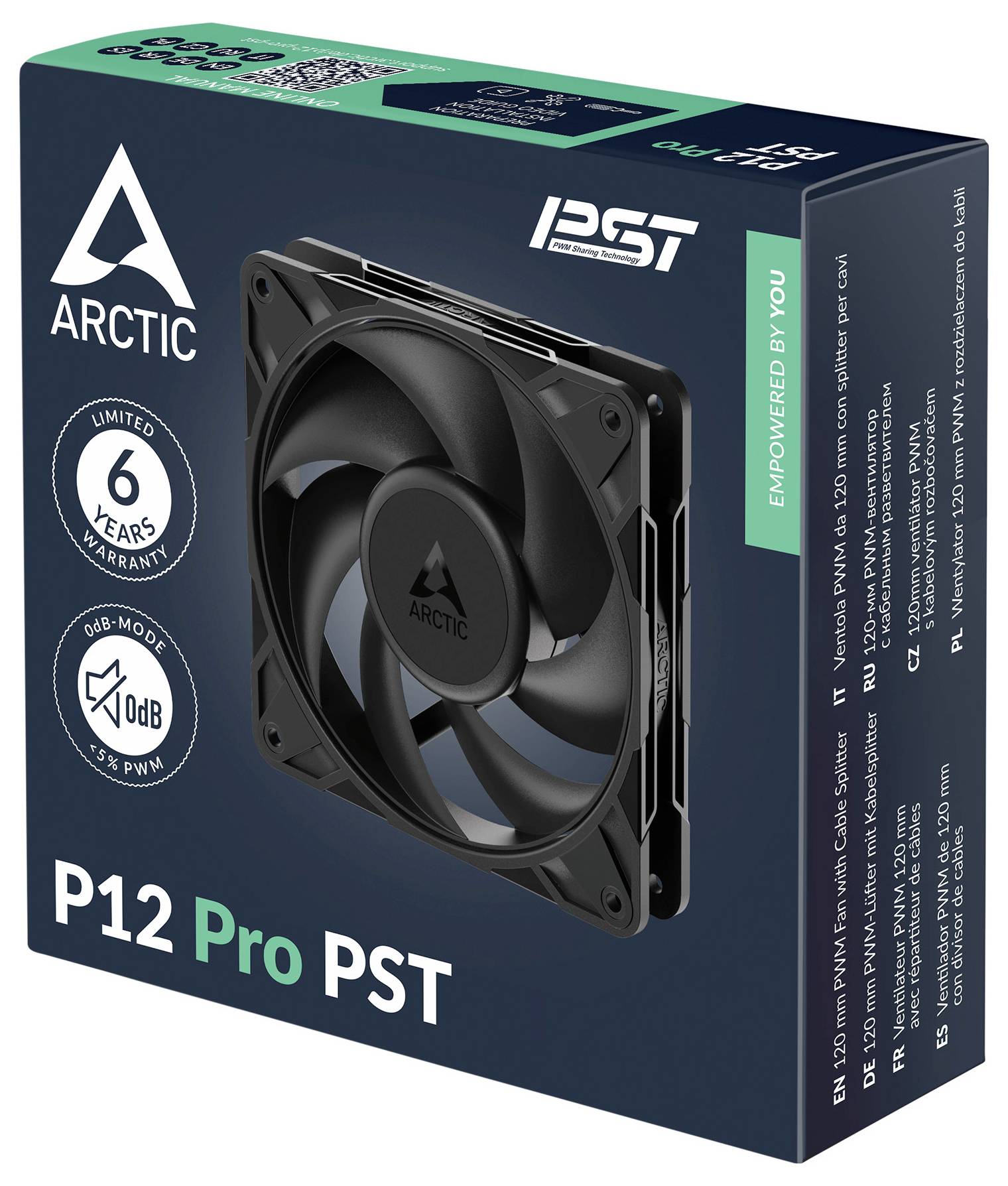 'Arctic P12 Pro PST' Computerlüfter-Verpackung, mit einem 120-mm-Schwarzlüfter mit PWM, PST-Technologie, RGB-Modus und 6 Jahren Garantie.
