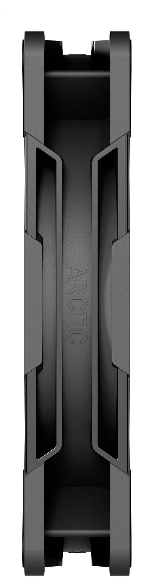 Ein schwarzer Computer-Kühlventilator, von der Seite betrachtet, mit seinem Rahmen und den Flügeln in vertikaler Position.