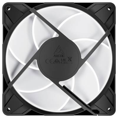 Ein quadratischer Computer-Kühlventilator mit einem schwarzen Rahmen und weißen Rotorblättern, versehen mit einem zentralen Logo und Konformitätssymbolen.