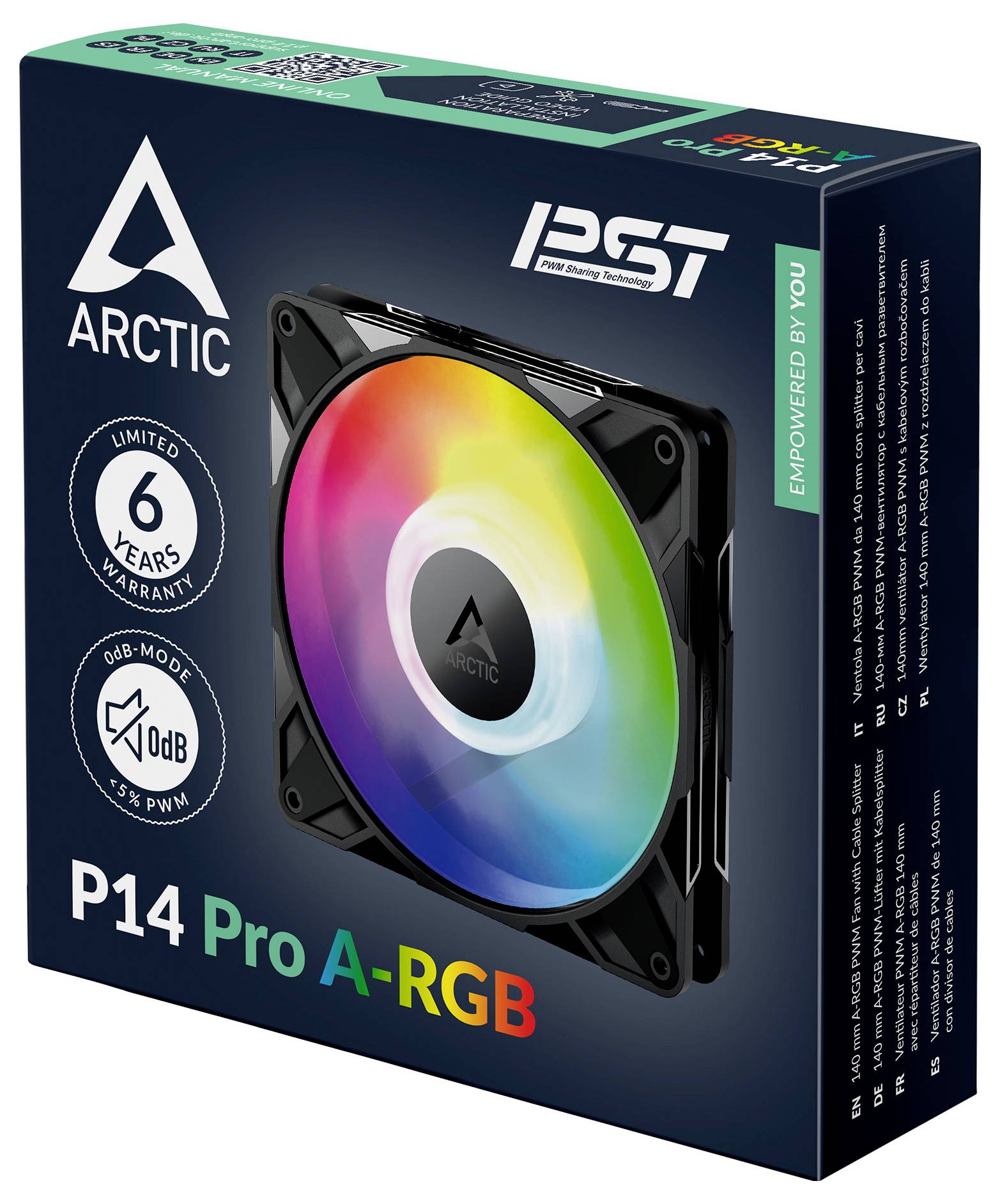 'Arctic P14 Pro A-RGB, 0-dB-Modus, PST-Technologie, 6 Jahre Garantie' Kühlventilator-Verpackung mit lebendiger RGB-Beleuchtungsanzeige.
