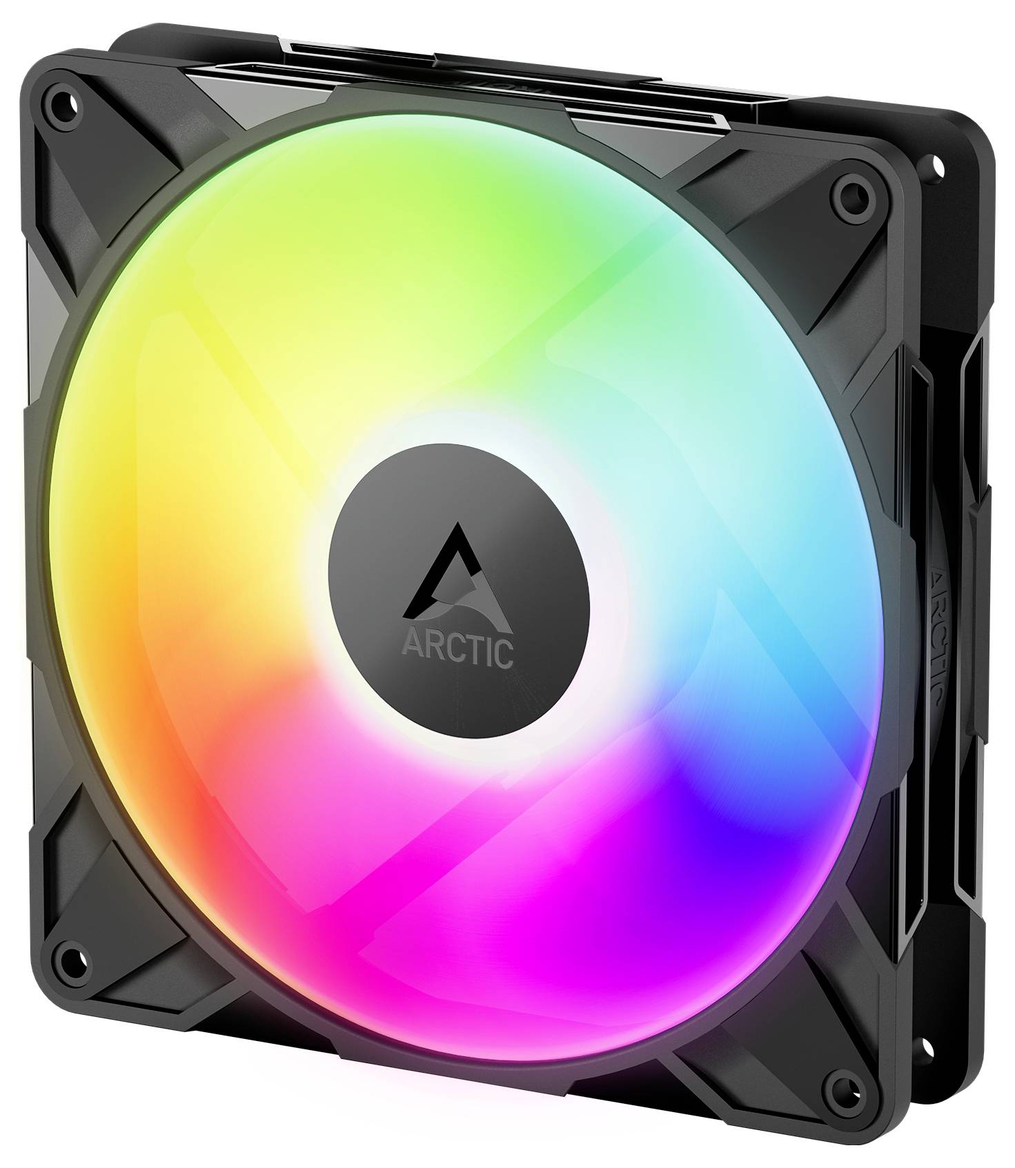 Ein schwarzer Computer-Kühlventilator mit leuchtend bunter LED-Beleuchtung. In der Mitte ist der Schriftzug "Arctic" angebracht.