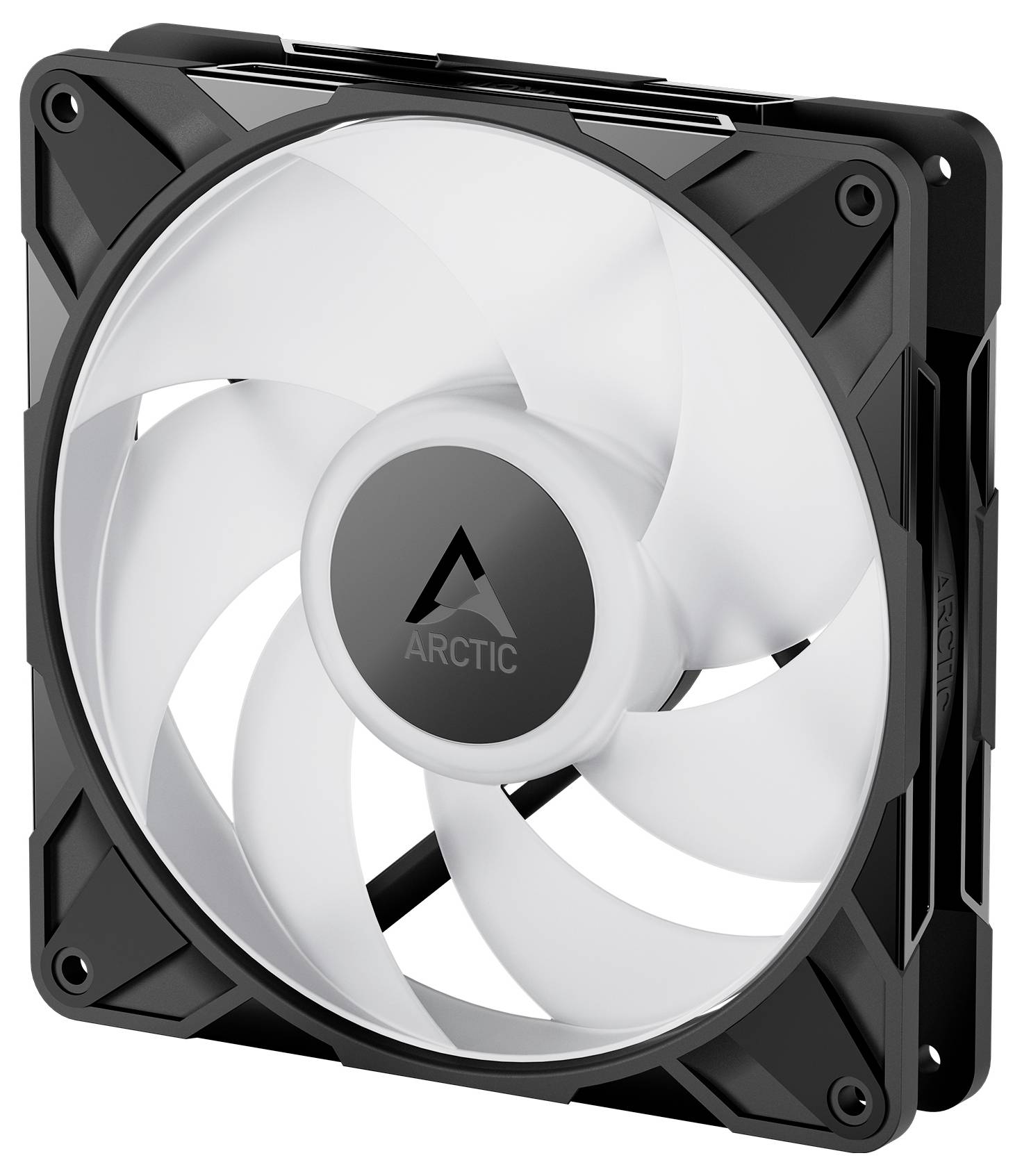 Quadratischer Computer-Kühlventilator mit schwarzem Rahmen, weißen Rotorblättern und 'ARCTIC'-Logo in der Mitte.