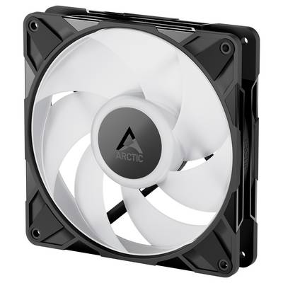 Quadratischer Computer-Kühlventilator mit schwarzem Rahmen, weißen Rotorblättern und 'ARCTIC'-Logo in der Mitte.