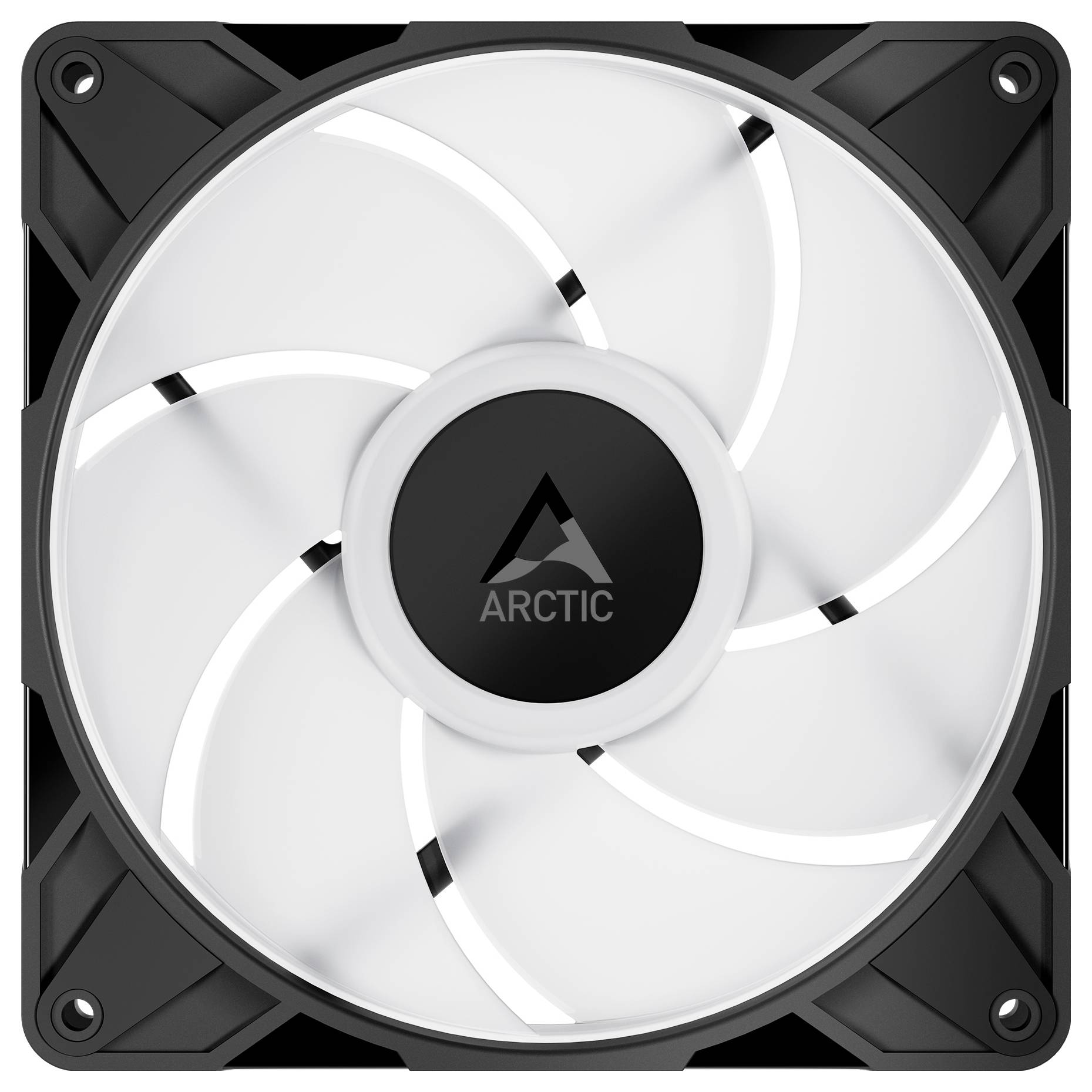 Ein schwarzer und weißer Computer-Kühlventilator mit fünf Rotorblättern und dem Logo von 'ARCTIC' in der Mitte.