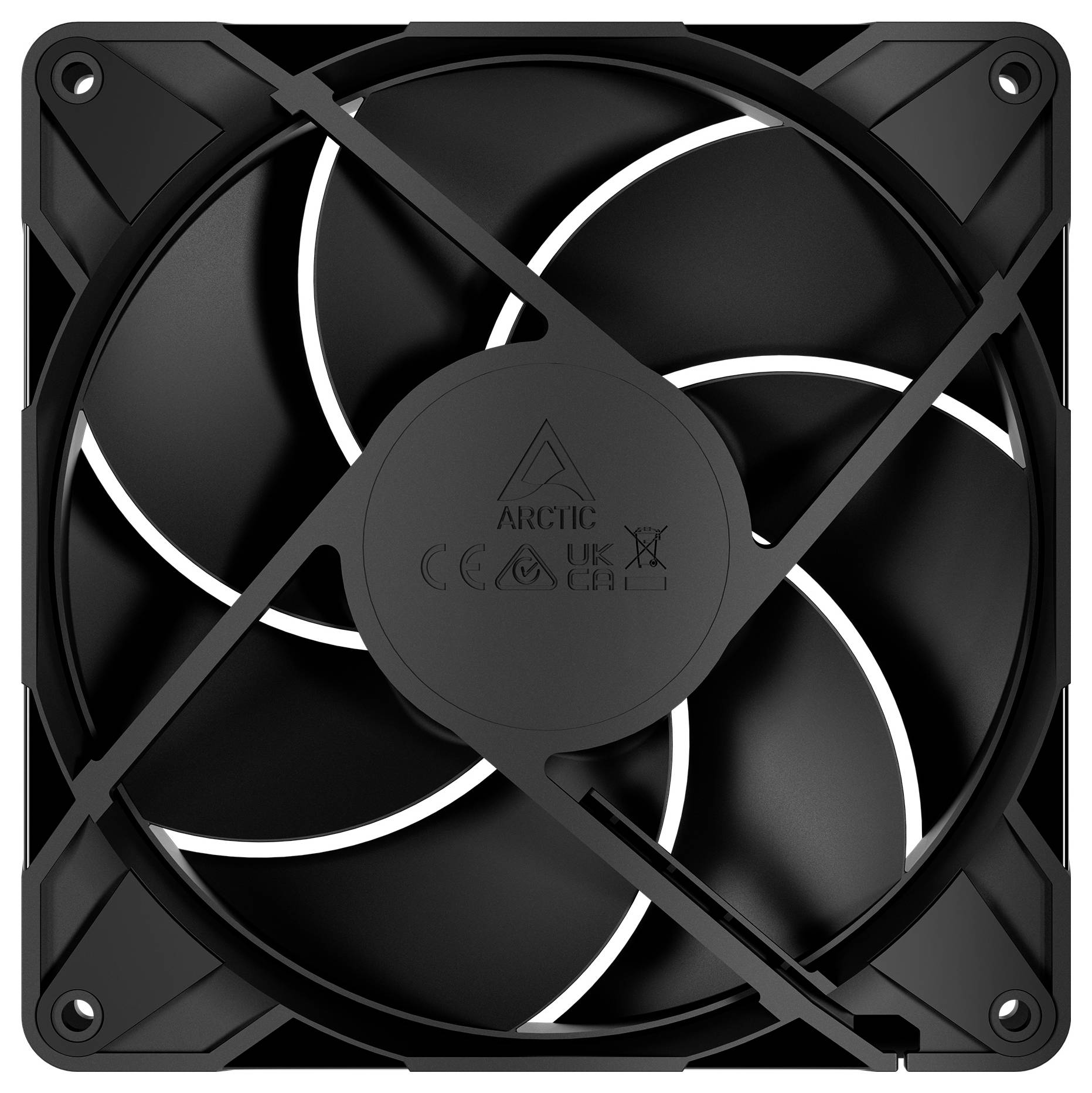 Ein schwarzer Computerlüfter mit fünf Rotorblättern und einem quadratischen Rahmen, der das Arctic-Logo in der Mitte zeigt und üblicherweise für Kühlsysteme verwendet wird.