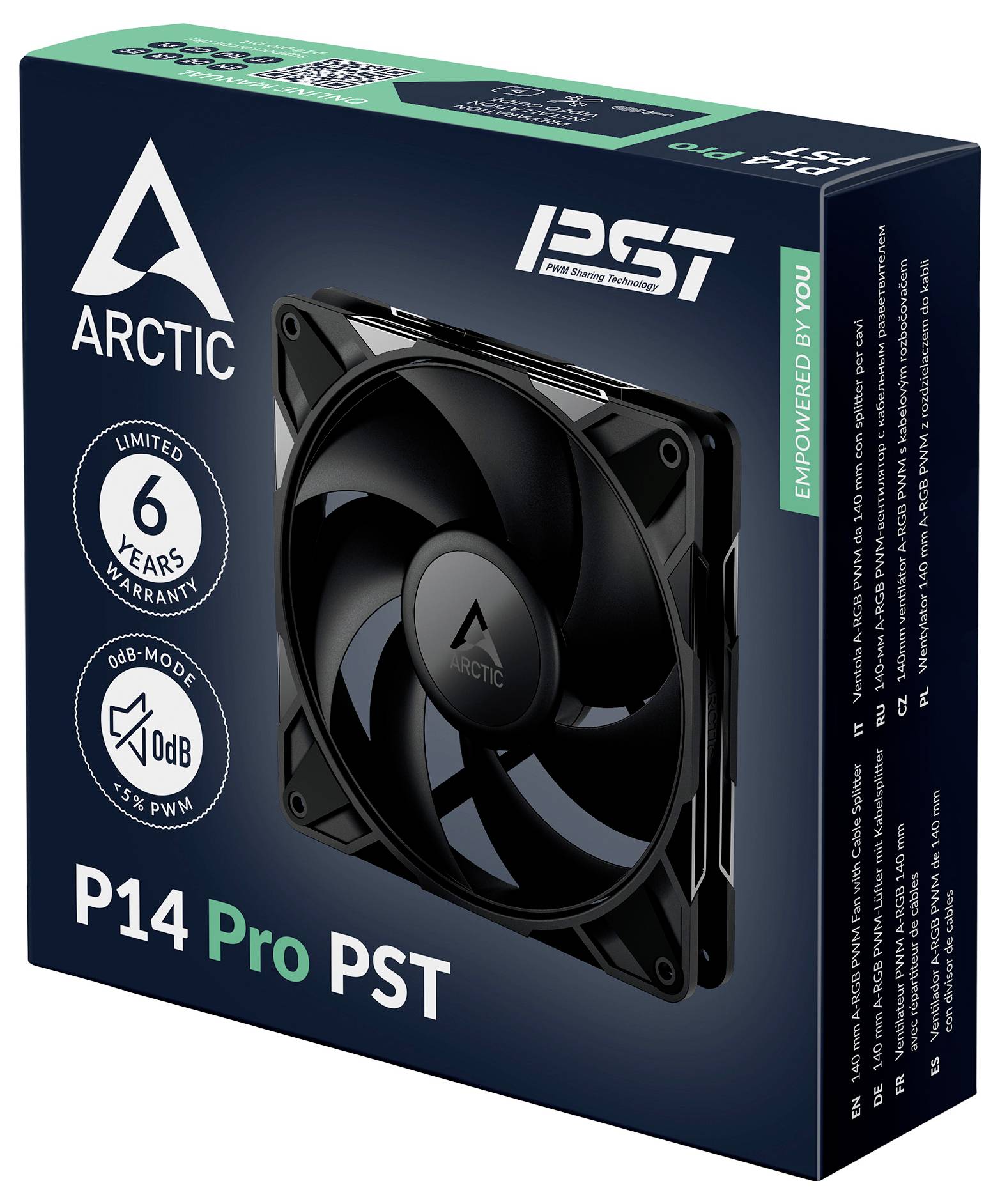 Box-Verpackung für den ARCTIC P14 Pro PST Lüfter, mit 0dB-Modus, 6-jähriger Garantie und 140mm Größe, entwickelt für effiziente Kühlung.