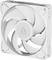 Ein weißer Computer-Gehäuselüfter mit der Aufschrift "ARCTIC", ausgestattet mit einem quadratischen Rahmen und einem Rotordesign mit fünf Flügeln.