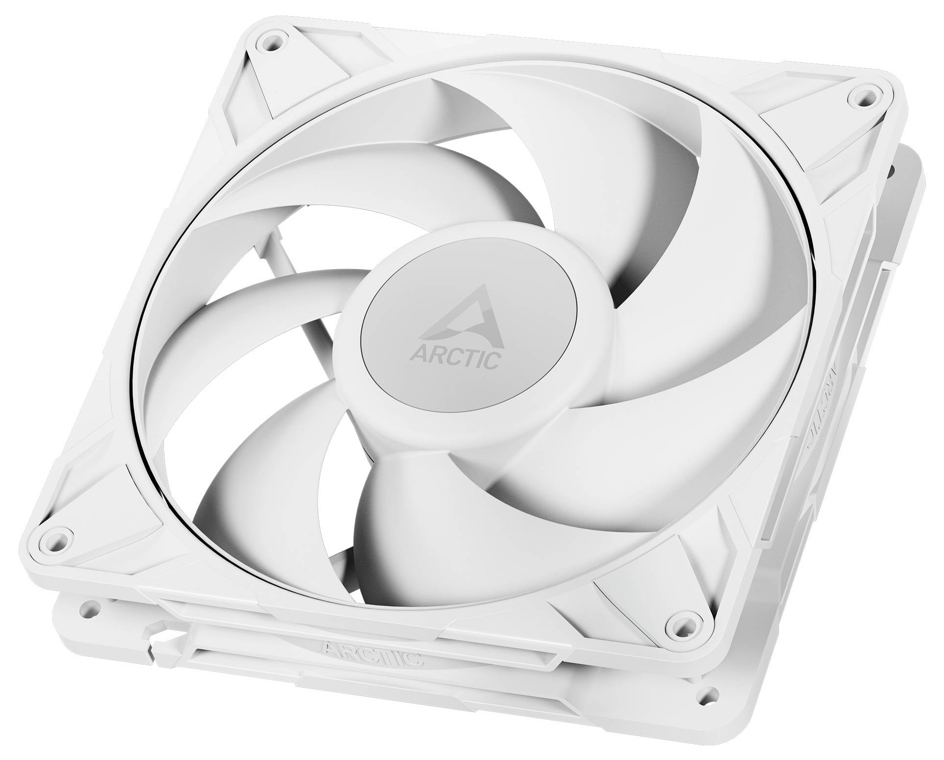 Ein weißer Computer-Kühlventilator mit minimalistischem Design. Er verfügt über ein Logo und mehrere Rotorblätter, die entwickelt wurden, um den Luftstrom zu optimieren und Geräusche zu reduzieren.