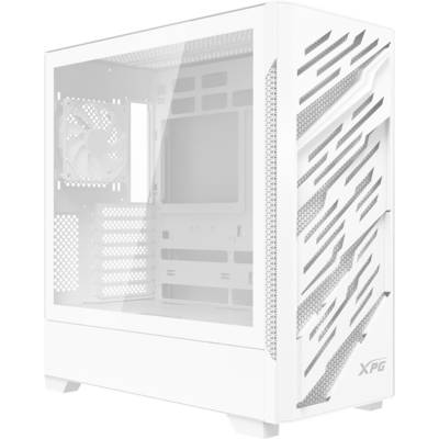 Ein weißes Computergehäuse mit Mesh-Frontblende und Seitenscheibe aus Hartglas, das Inneneinschübe für Komponenten zeigt, mit der Marke 'XPG' gekennzeichnet.