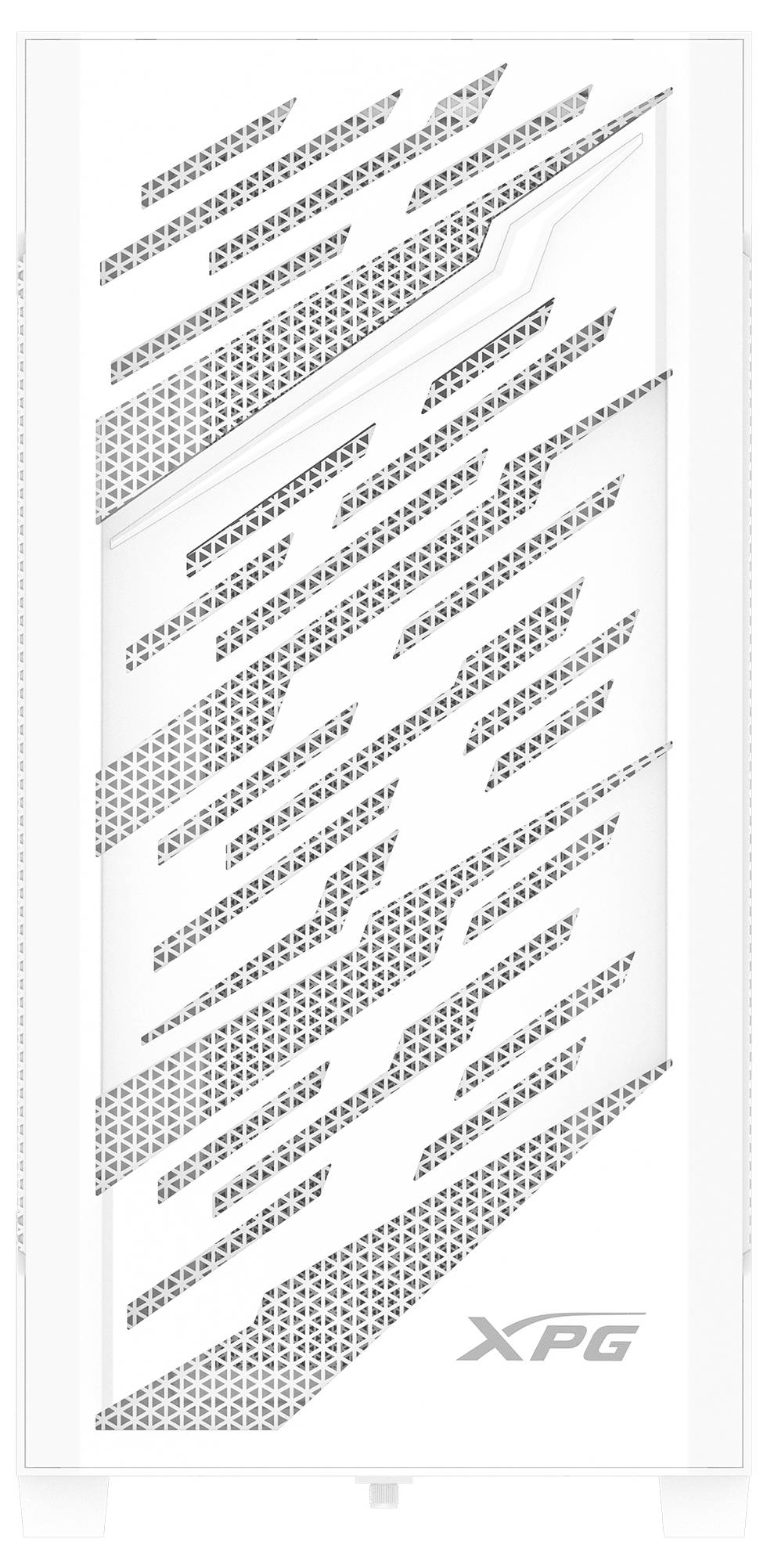 Weißes Computergehäuse mit geometrisch gemusterter Frontplatte und 'XPG' Logo am unteren Rand.