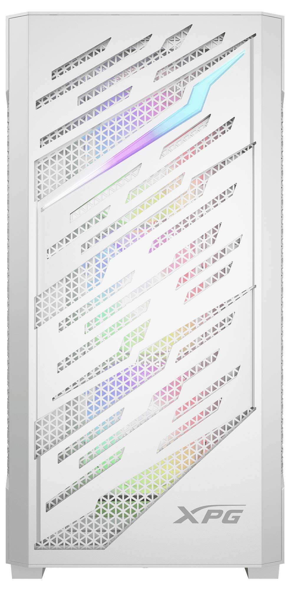 Ein weißes Computergehäuse mit einer geometrischen Frontplatte, ausgestattet mit RGB-Beleuchtung in einem Zickzack-Muster. Die Marke 'XPG' ist am unteren Rand sichtbar.