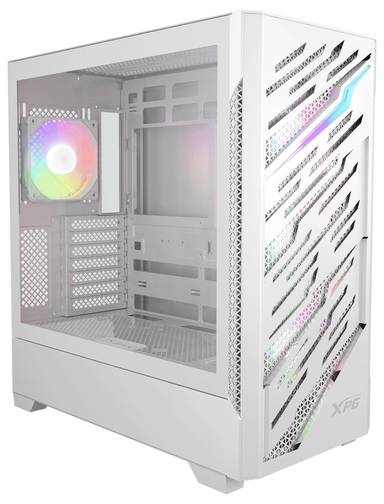 Ein weißes Computergehäuse mit einem transparenten Seitenfenster, an dessen Rückseite ein bunter RGB-Lüfter installiert ist.