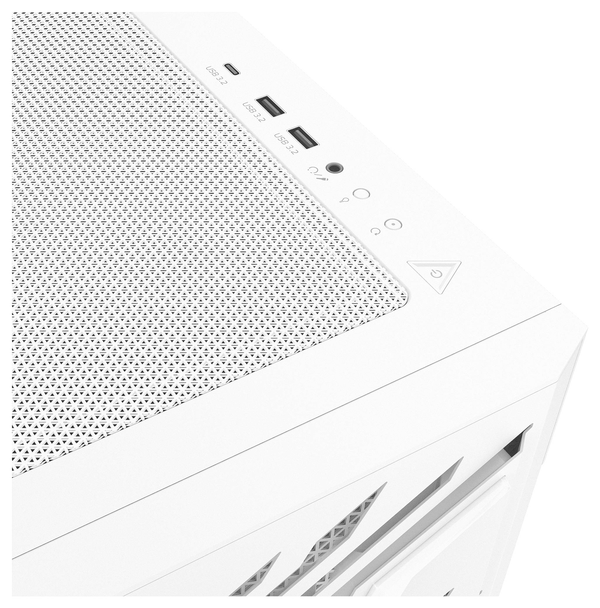 Weiße Computer-Gehäuse-Ecke mit Mesh-Oberseite, ausgestattet mit USB-Anschlüssen, Audioeingang und Einschaltknopf, die ein minimalistisches Design veranschaulicht.