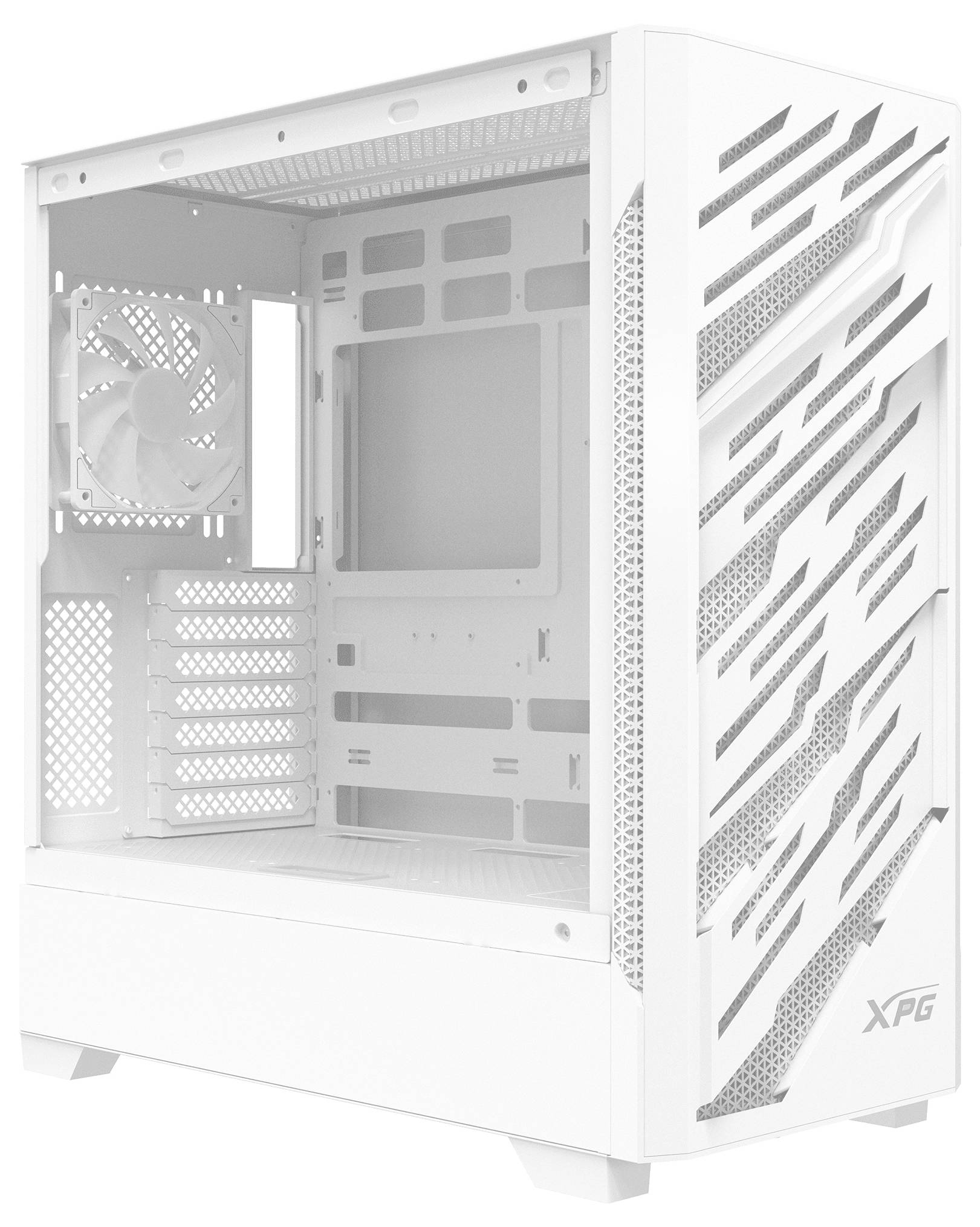Ein weißes Computer-Tower-Gehäuse mit Mesh-Frontblende für Luftzirkulation und vorbereiteter Innenausstattung für die Installation von Komponenten. Markenlogo 'XPG' auf der Vorderseite sichtbar.