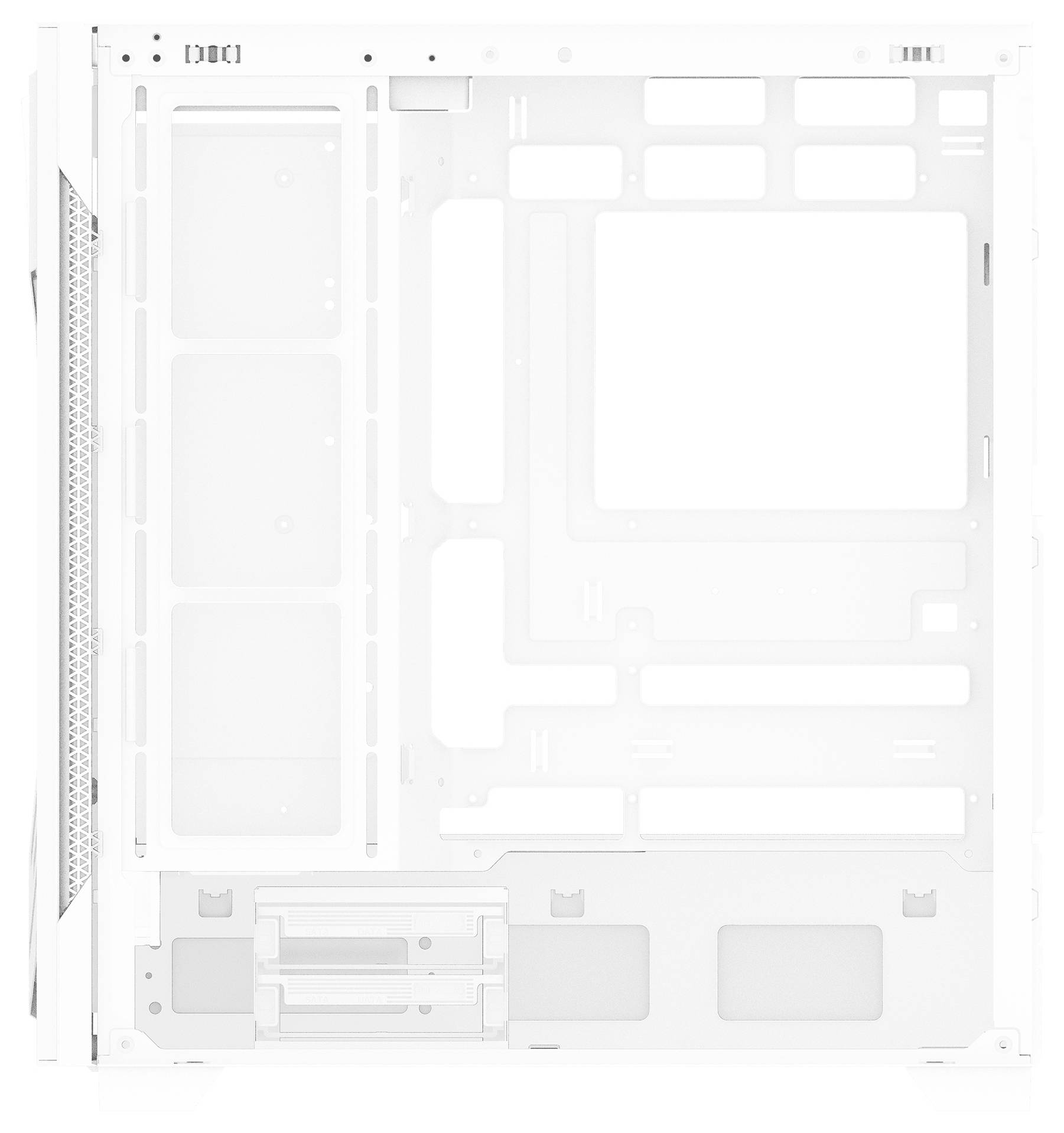 Das Bild zeigt das Innenleben eines leeren weißen Computergehäuses mit mehreren Steckplätzen und Fächern für Hardwarekomponenten.