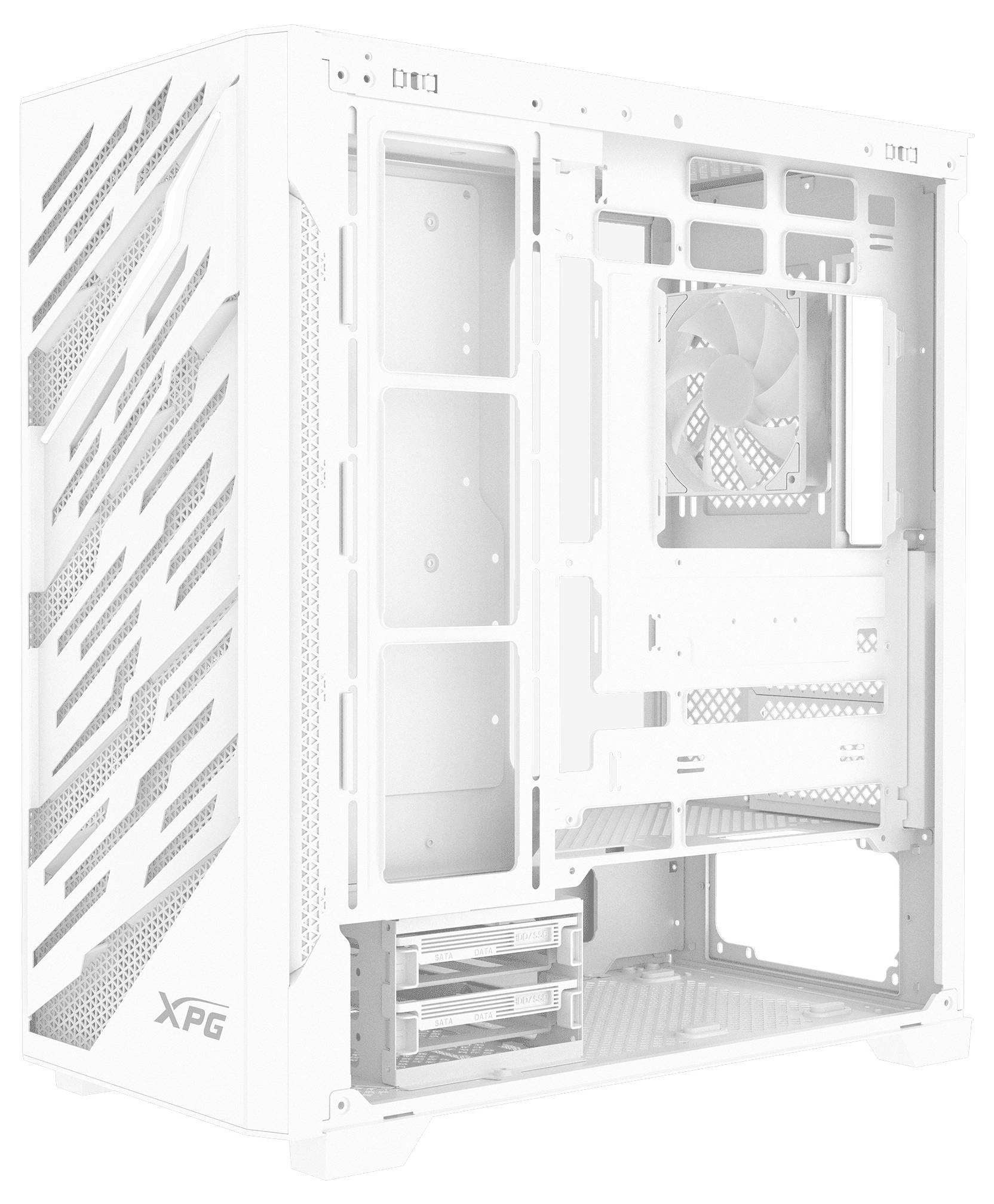 Weißes XPG-Computergehäuse mit Blick auf die Innenauslage, mit sichtbaren Fächern für Komponenten und Befestigungsmöglichkeiten für Kühlventilatoren.