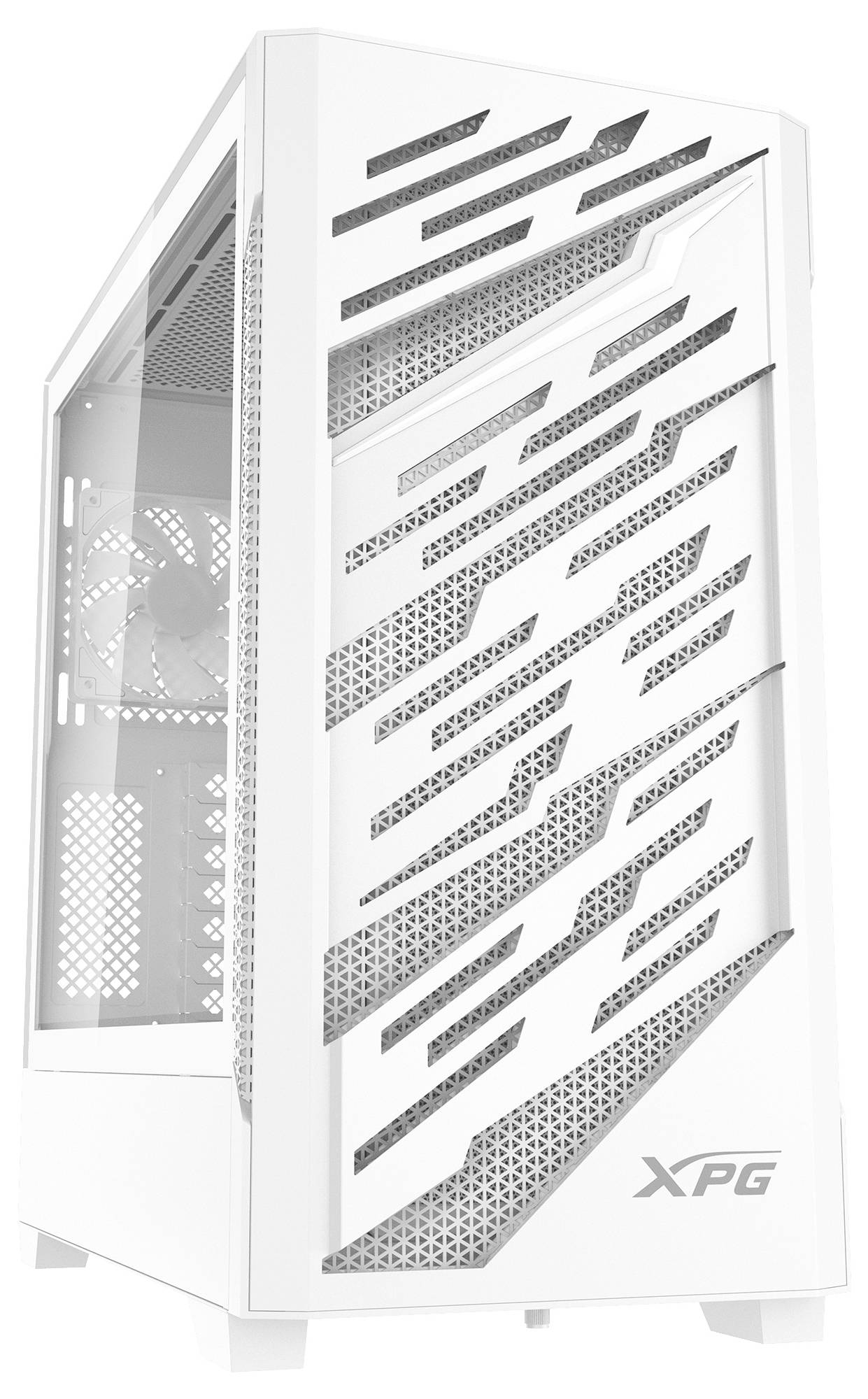 Ein weißes PC-Gehäuse mit einem gemusterten Frontpanel und einem Seitenfenster, das das XPG-Logo am unteren Rand trägt.