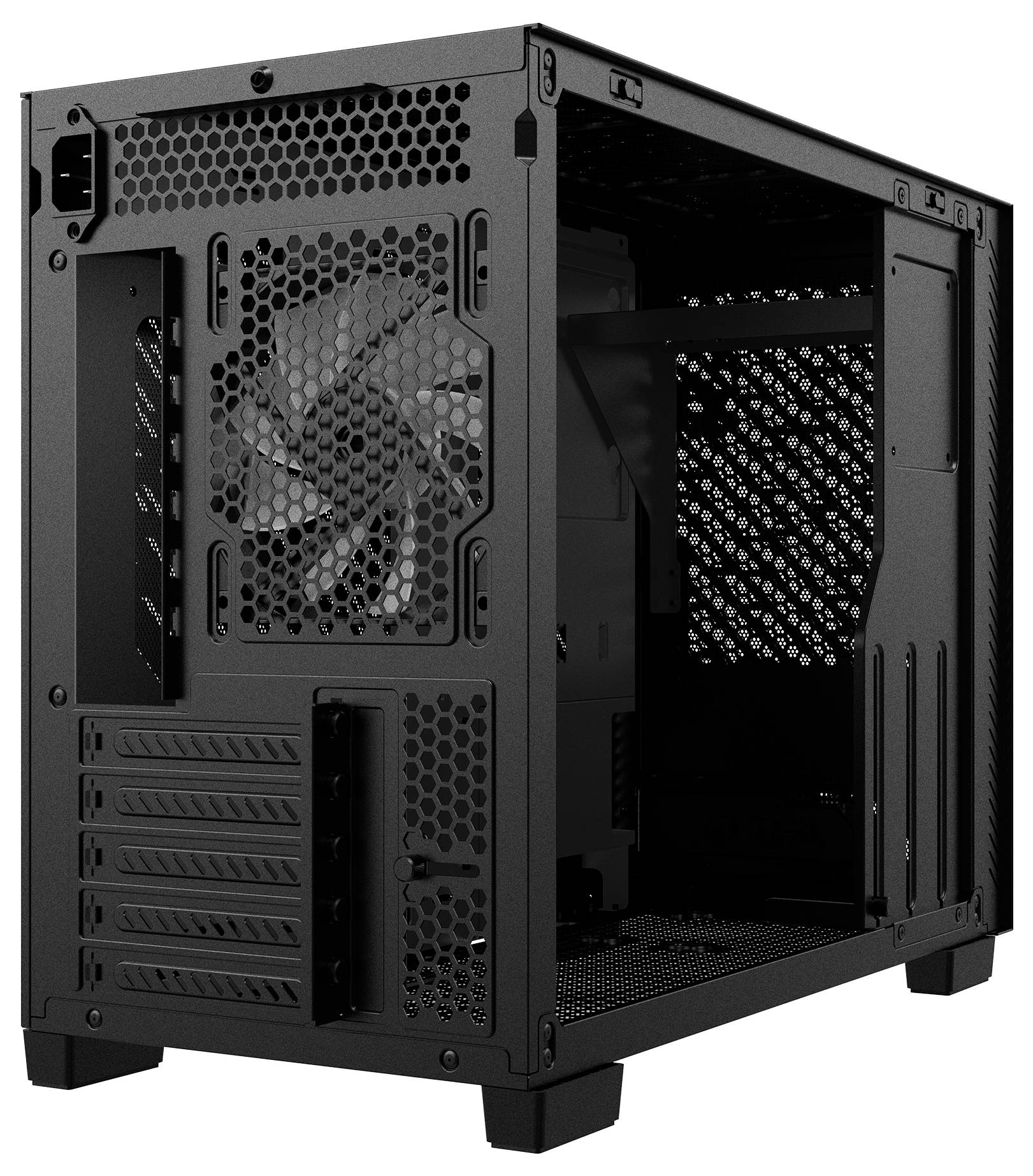 Ein schwarzes Computergehäuse mit einer Maschenseite und vorinstalliertem Lüfter, das mehrere Erweiterungsslots und eine Netzteilöffnung auf der Rückseite zeigt.
