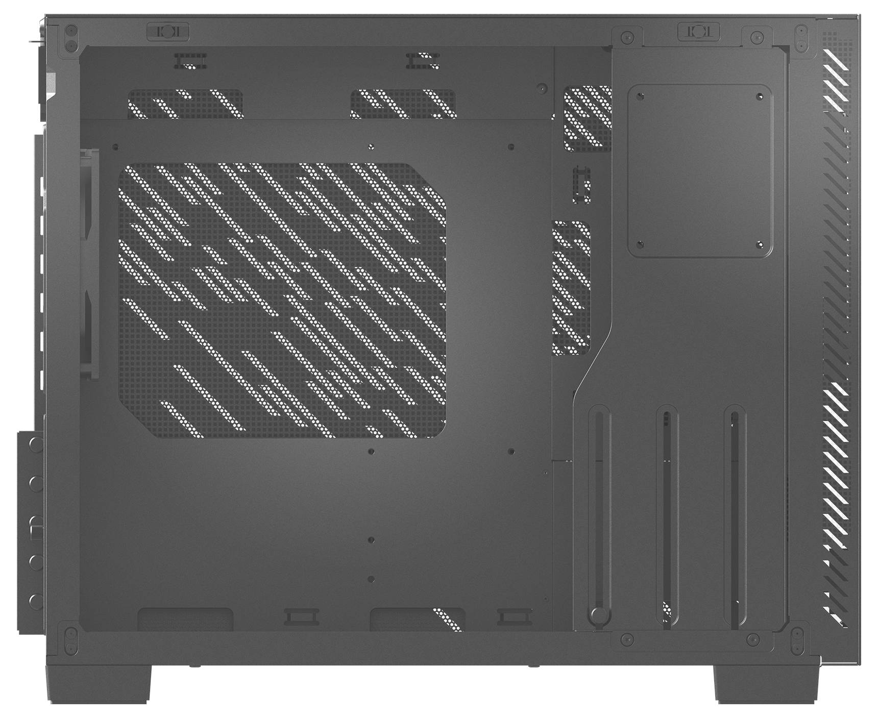 Ein grauer Computergehäuse-Seitenpanel mit Belüftungsschlitzen. Die Innenstruktur ist sichtbar und für die Montage von Computerkomponenten ausgelegt.