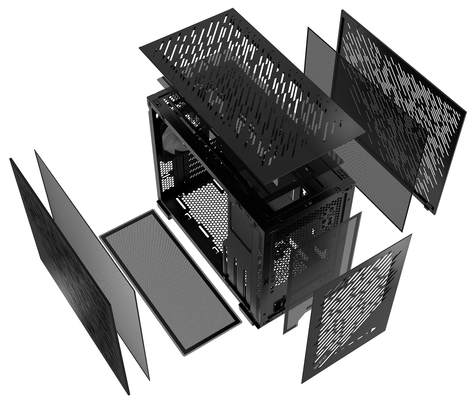 Explosionszeichnung eines Computergehäuses mit Seitenpanels, Ober- und Unterseite, Front- und Rückseite, die die interne Struktur und Komponenten zeigt.