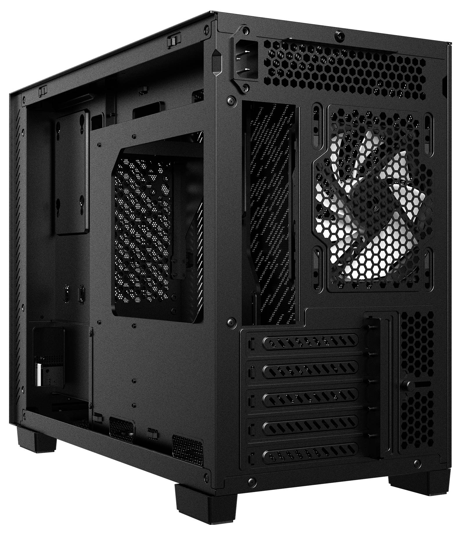 Ein schwarzes Computergehäuse mit offener Seite, das Innenslots, Lüfterhalterungen und einen Heckkühlventilator freilegt.