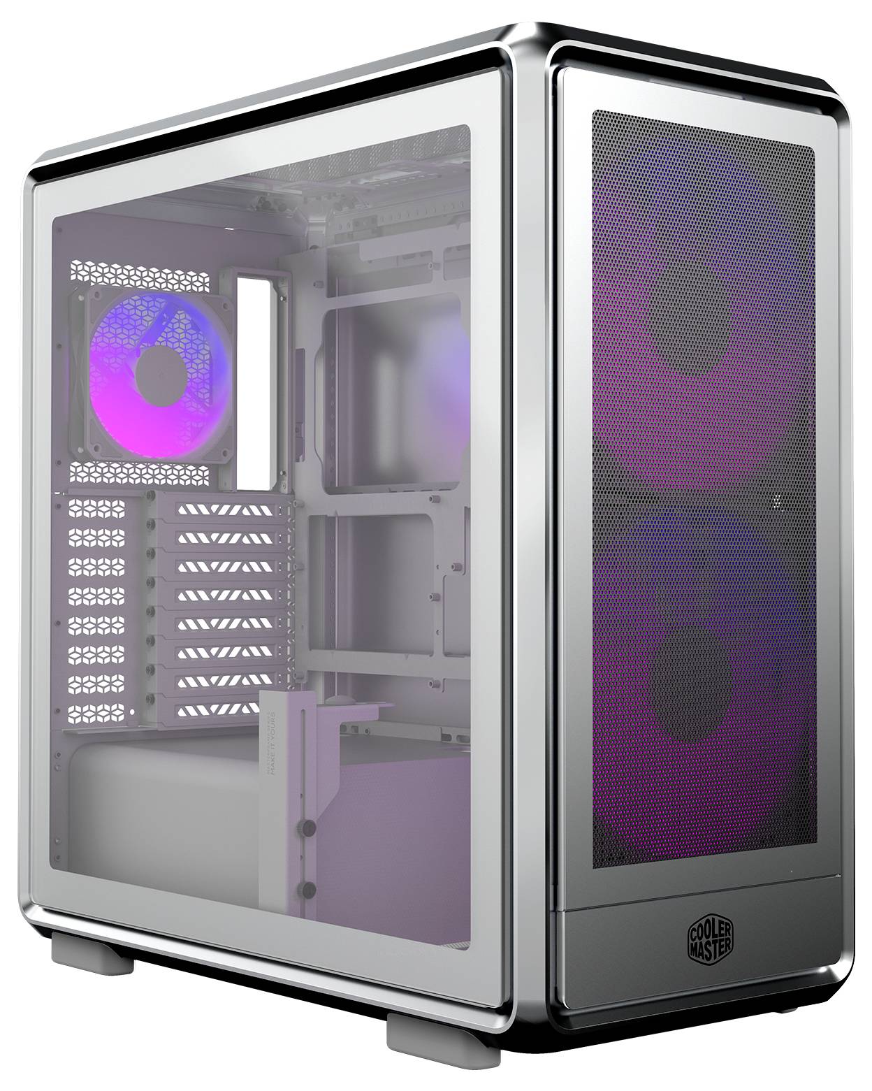 Ein Computergehäuse mit transparentem Seitenpanel zeigt interne Komponenten, die von violetten LED-Lüftern beleuchtet werden und sich ideal für Gaming-Setups eignen.