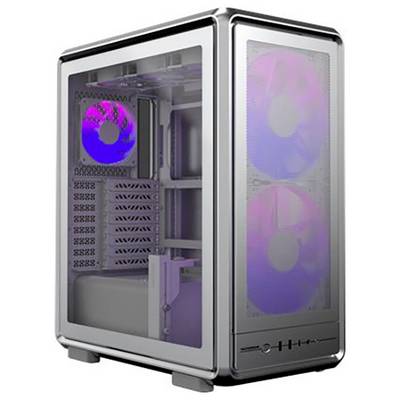 Ein schlanker Computer-Tower mit transparenten Seiten, der glühende interne Kühlventilatoren und Komponenten zur Schau stellt und dabei modernes Design und Technologie betont.