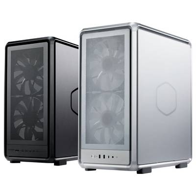 Zwei Computer-Tower, einer schwarz und einer silbern, mit Mesh-Frontseiten, die große, sichtbare Lüfter zur Kühlung beherbergen, und verschiedenen Anschlüssen am unteren Rand.